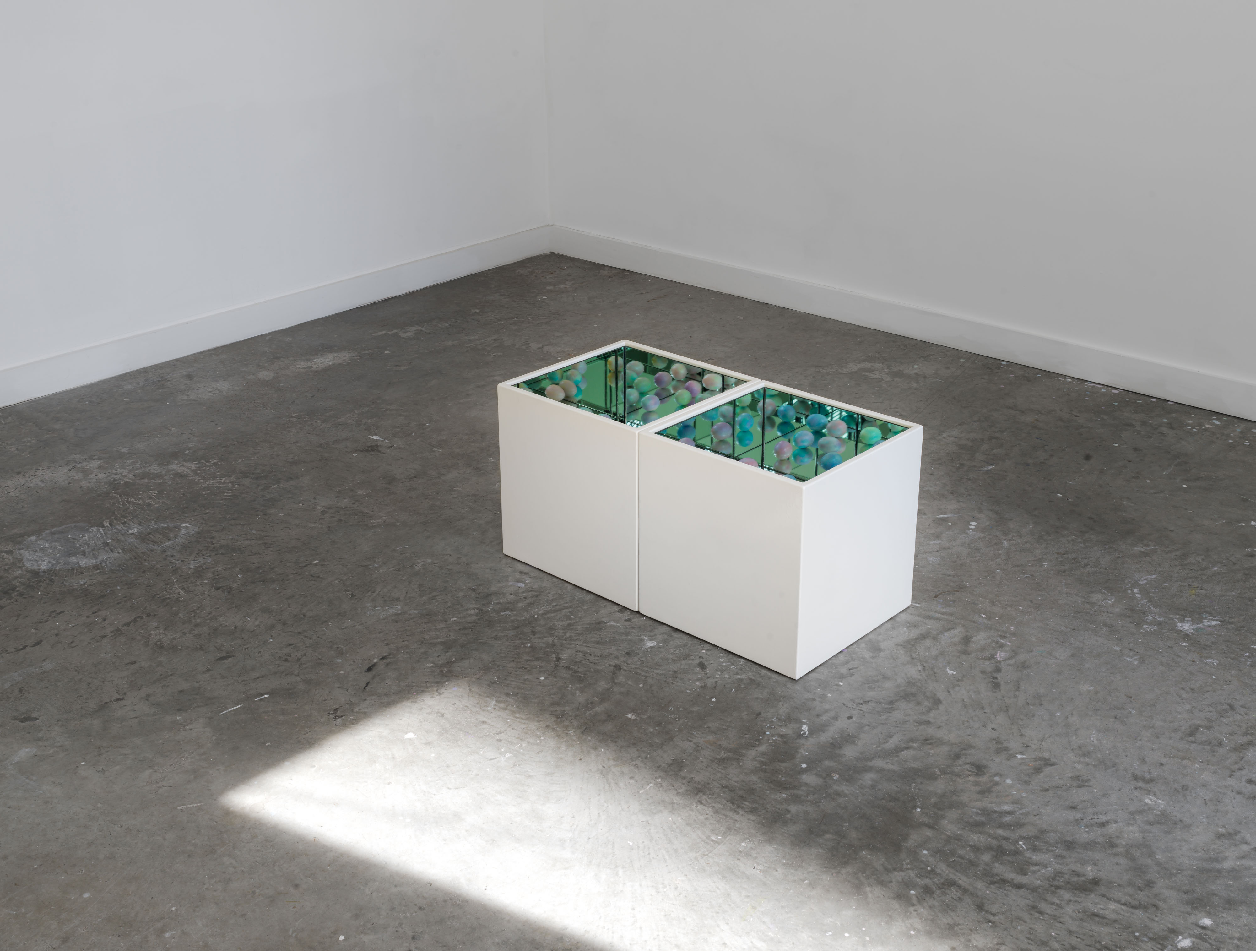 Yukako Eggland white sculptural box with turquoise spheres