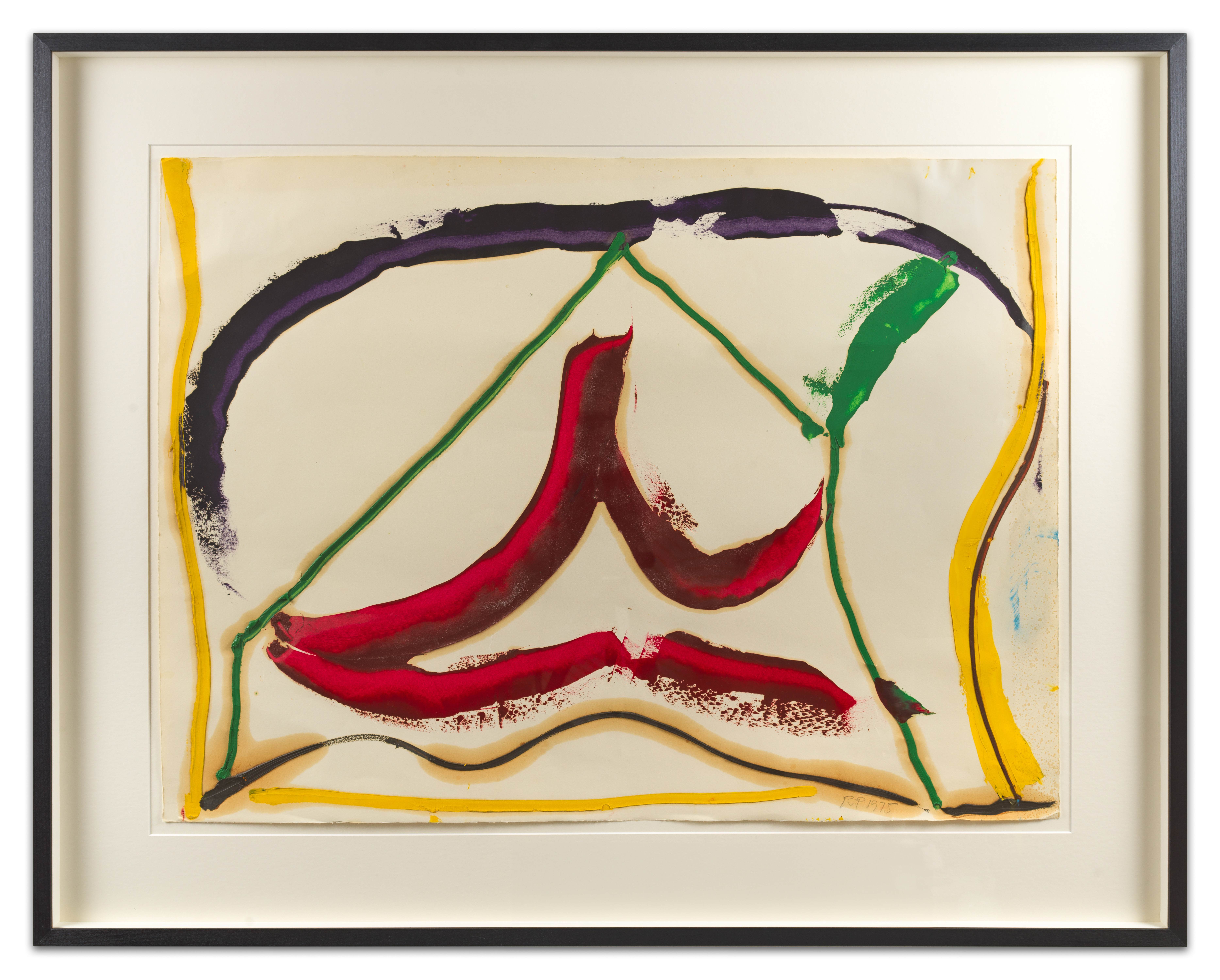 Abstract painting with red and green forms